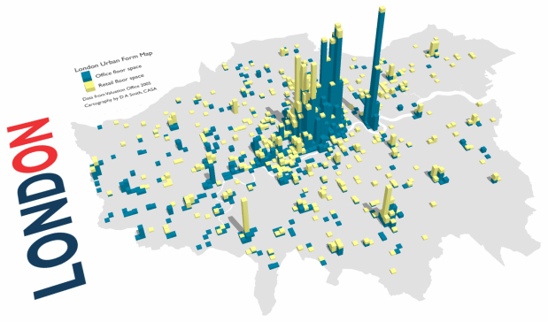 Greater London office and retail floor space 3D density map