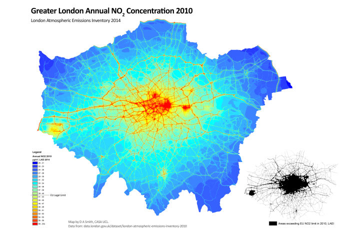 NO2 Annual concentration in London 2010, modelled by the London Atmospheric Emissions Inventory. All of Inner London and many major roads in Outer London greatly exceed the EU limit.