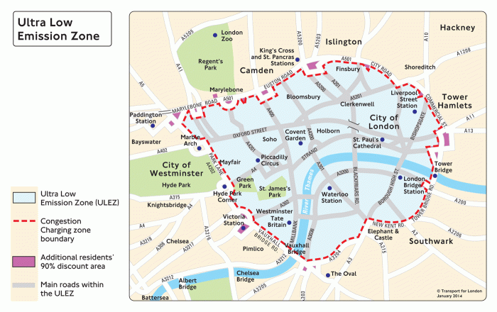 The current Congestion Charge boundary will be the basis of the Ultra Low Emissions Zone (map by TfL).