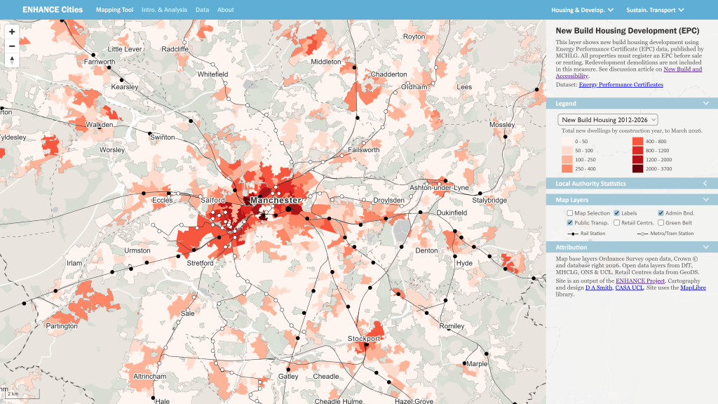ENHANCE Cities Mapping Tool showing map of integration between new housing and public transport stations in Manchester