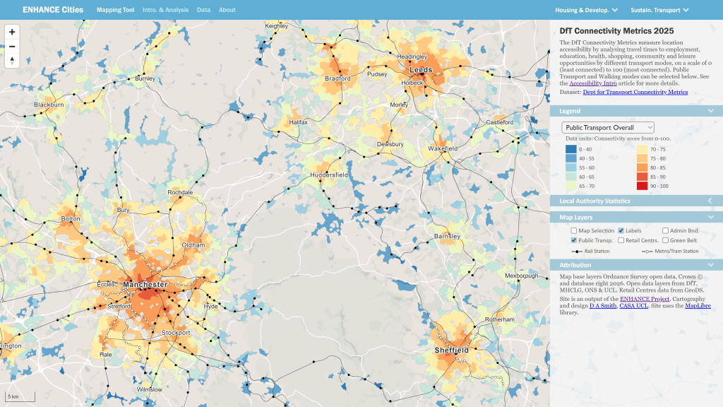 ENHANCE Cities Mapping Tool showing map of public transport accessibility in Northern cities