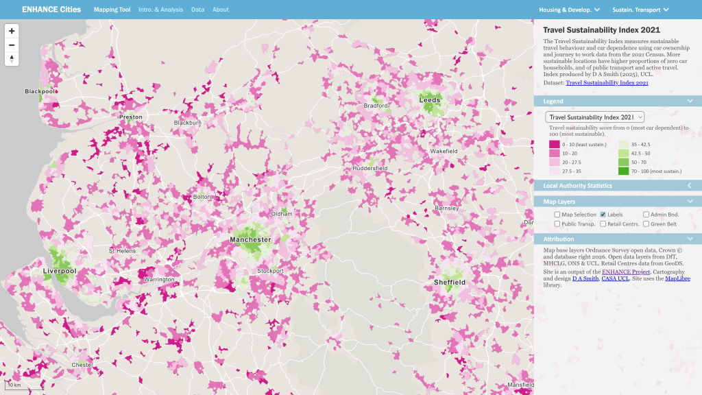 ENHANCE Cities Mapping Tool showing map of travel sustainability northern English cities